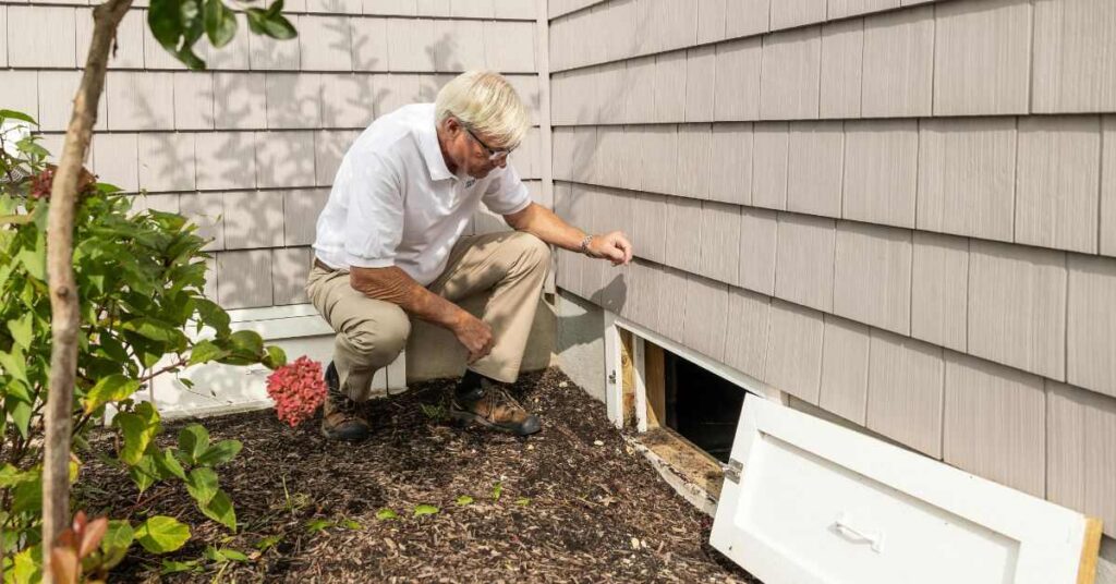 Older man inspecting a home foundation vent outside a house while checking exterior maintenance and repair needs.