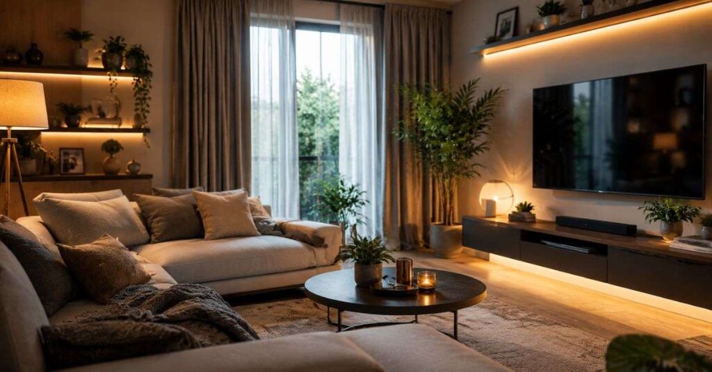 Cozy modern living room interior with natural light, neutral decor sofa plants and warm ambiance view