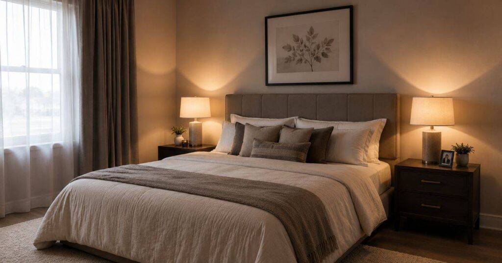 Modern cozy bedroom interior with bed, bedside lamps, soft lighting and neutral tones aesthetic design