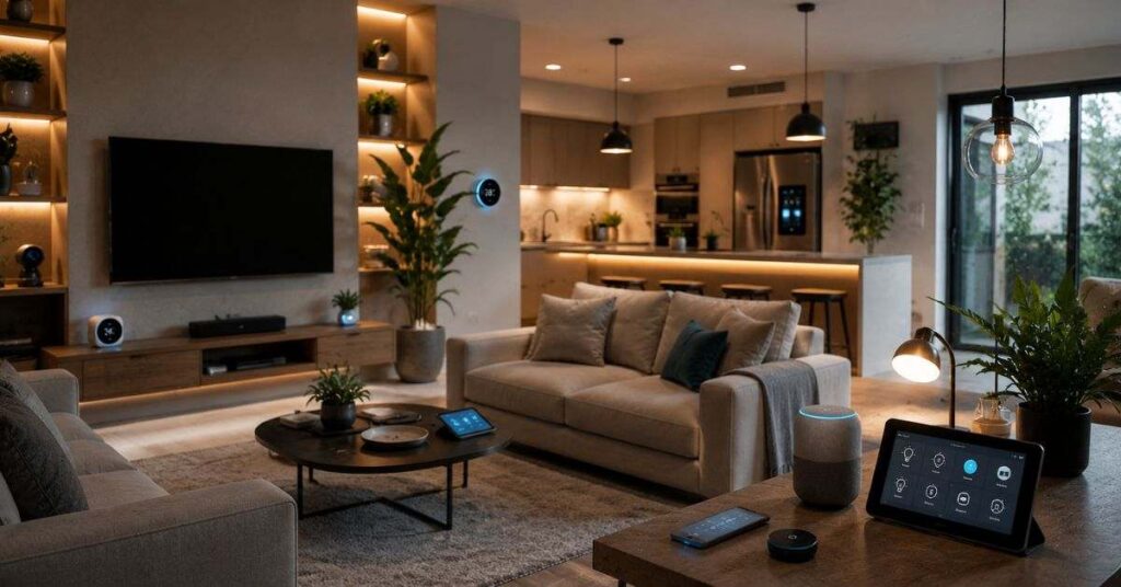 Photorealistic modern smart home interior with living room and kitchen, IoT devices and warm lighting