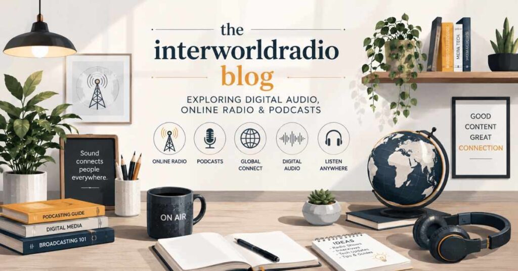 Clean workspace style illustration showing digital media, podcast tools and global communication theme for blogging and audio content.