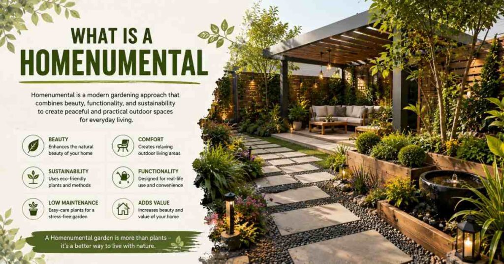 Modern homenumental garden infographic showing patio, greenery, seating, and eco-friendly outdoor living design concepts.