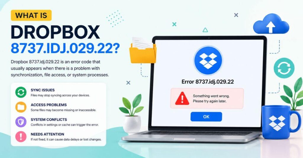 Clean modern Dropbox error guide banner showing system issue 8737.idj.029.22 with causes and alerts.