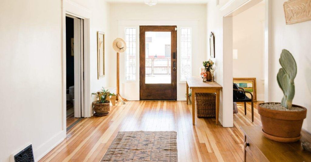 Bright modern home entryway with wooden floor, natural light, plants, and minimalist decor design