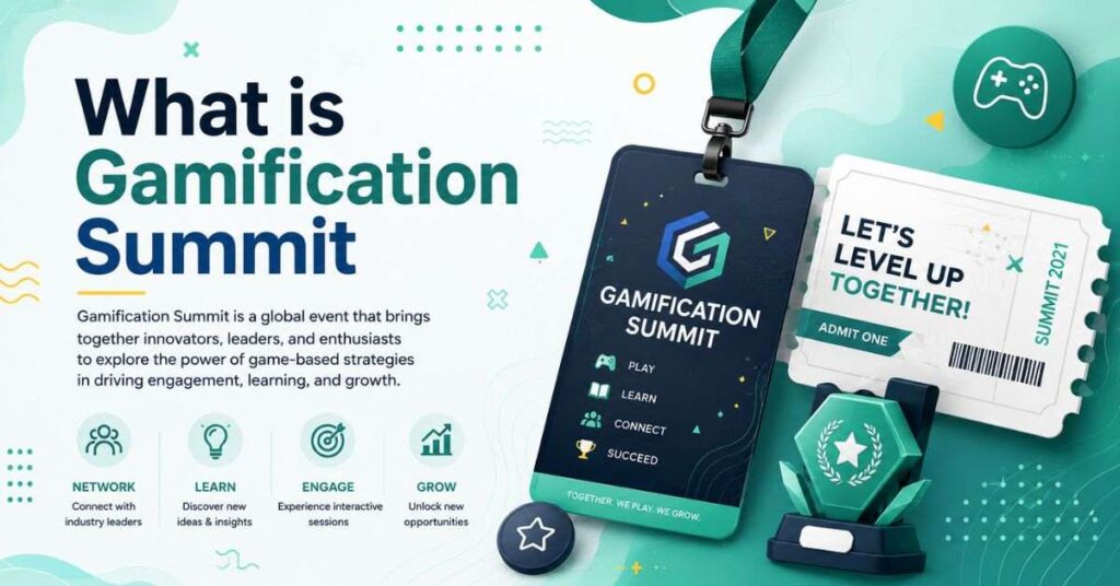 What is Gamification Summit banner with event badge, ticket, award and interactive learning graphics