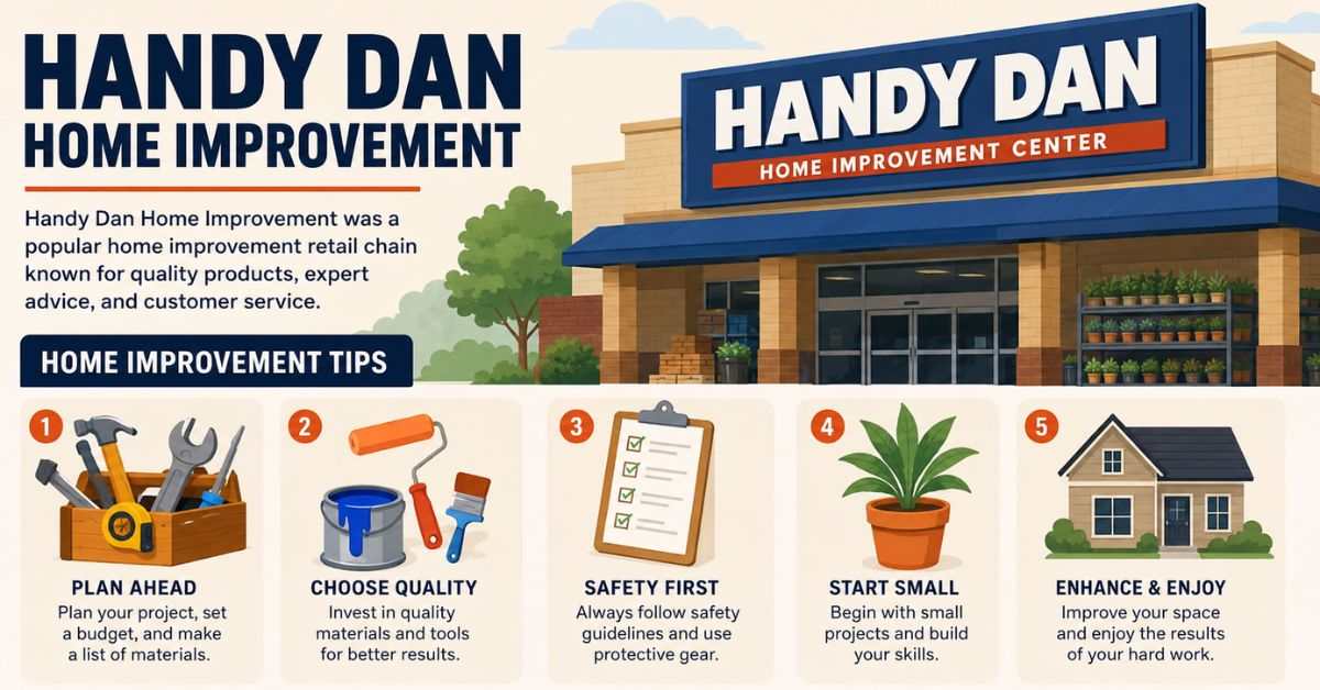 Illustrated Handy Dan Home Improvement infographic with DIY tips, tools, safety guidance, and store design.