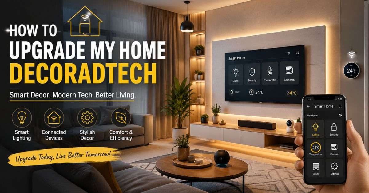 Modern smart home living room banner showing DecoradTech concept with lighting and devices