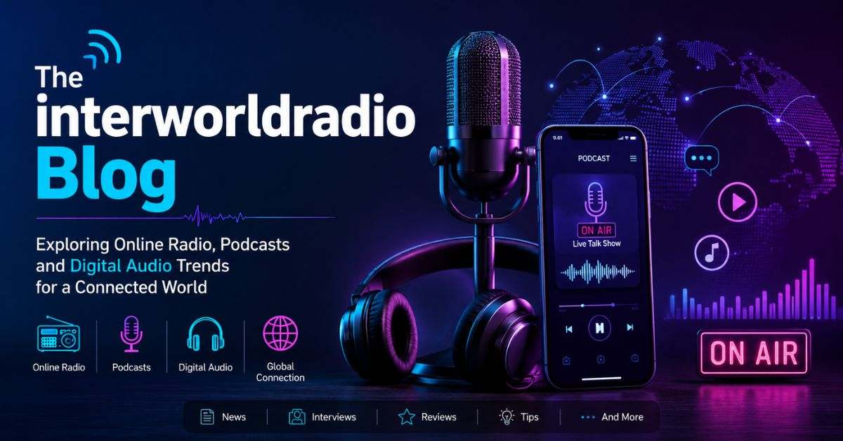 Modern digital podcast setup with microphone, headphones and global audio streaming concept for online