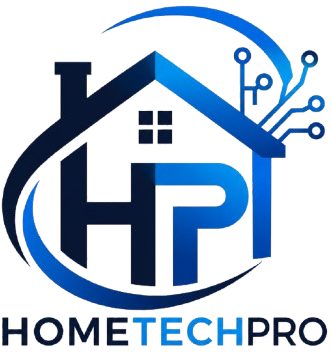 Modern blue HomeTechPro.blog logo featuring a house roof with digital tech circuit design.