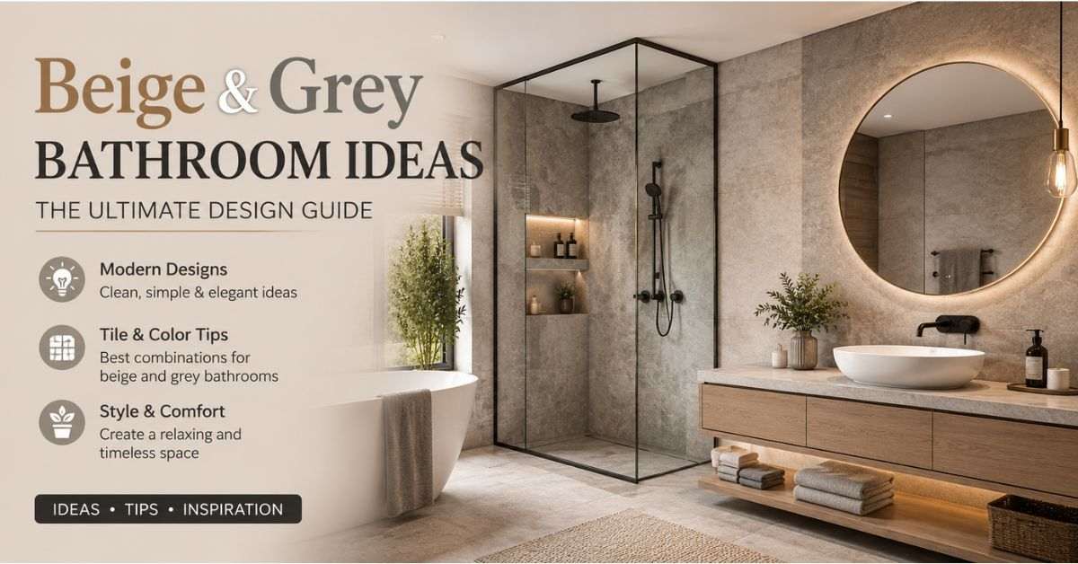 Modern beige and grey bathroom with vanity, mirror, shower, warm lights, luxury interior design style image.