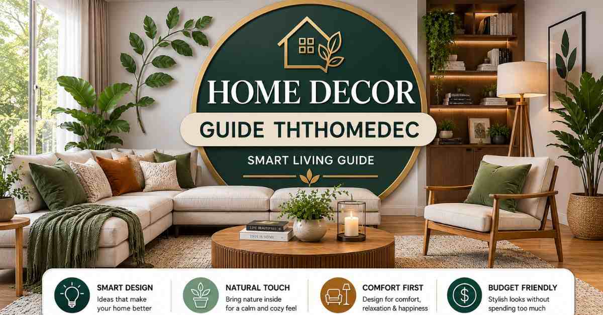 Modern home decor guide banner showing stylish living room with smart, cozy, budget interior design ideas.