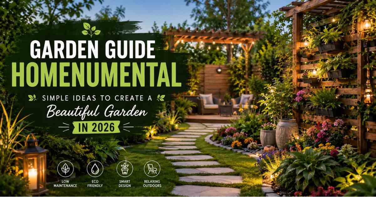 A beautiful modern garden with stone path, wooden pergola, lush plants, and cozy outdoor seating area.