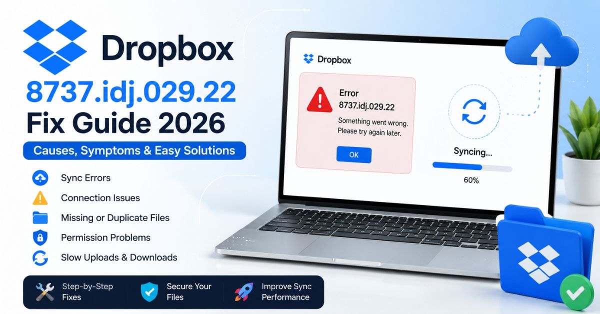 Modern tech infographic showing Dropbox error 8737.idj.029.22 with fixes, sync issues and laptop view.