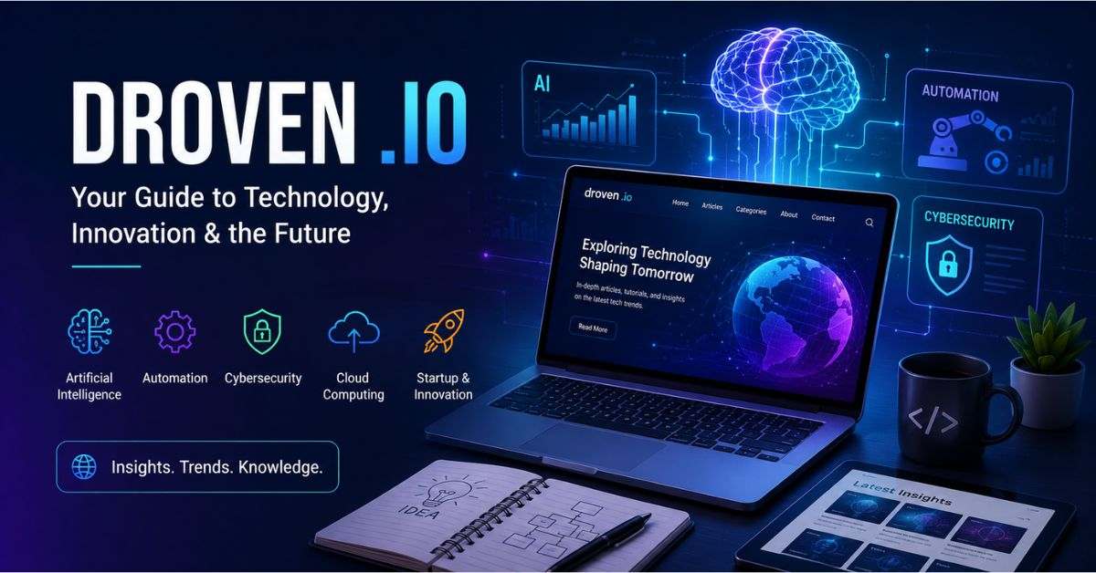 Modern Droven.io illustration showing artificial intelligence, automation, cybersecurity, and tech trends.