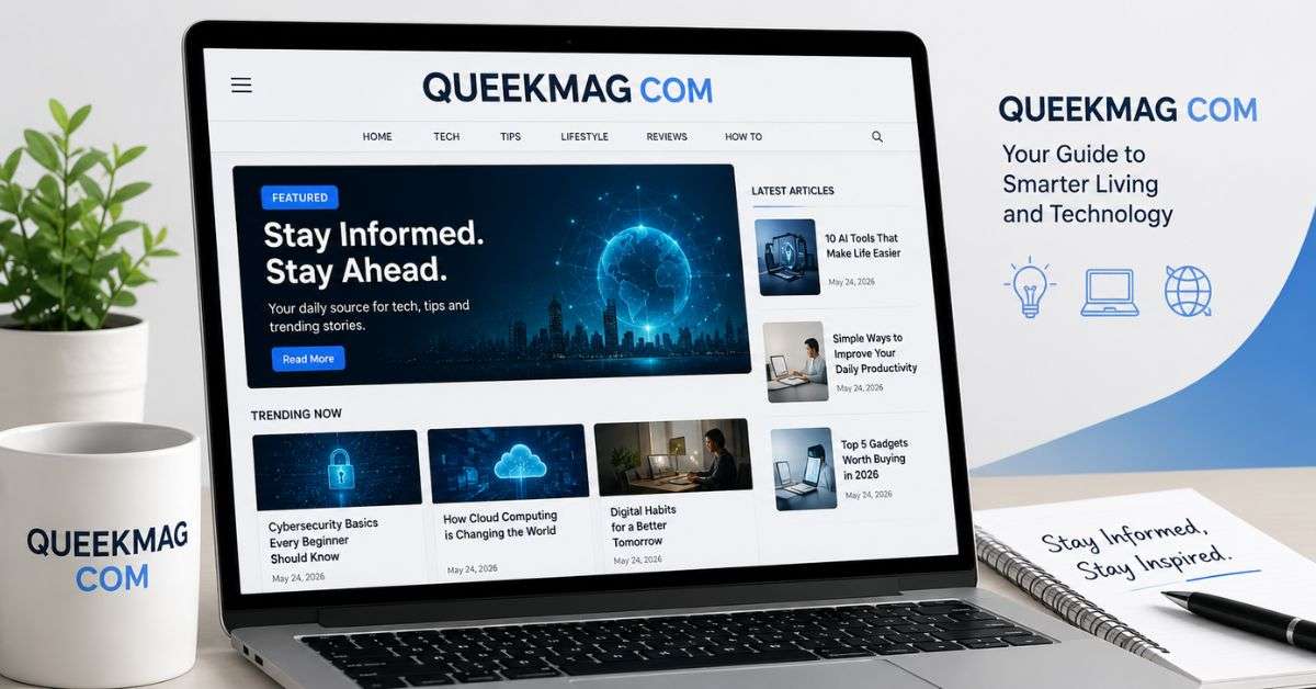 Queekmag com website illustration on a modern laptop with technology, productivity, and digital content theme.