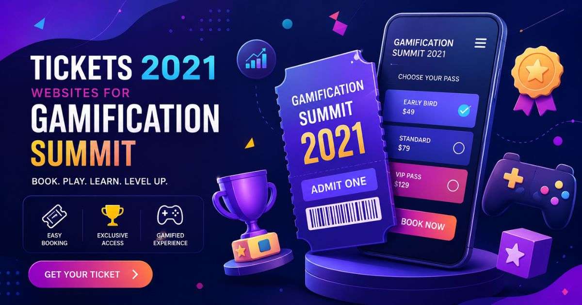 Tickets 2021 for Gamification Summit with digital ticket booking, gaming icons and event platform design